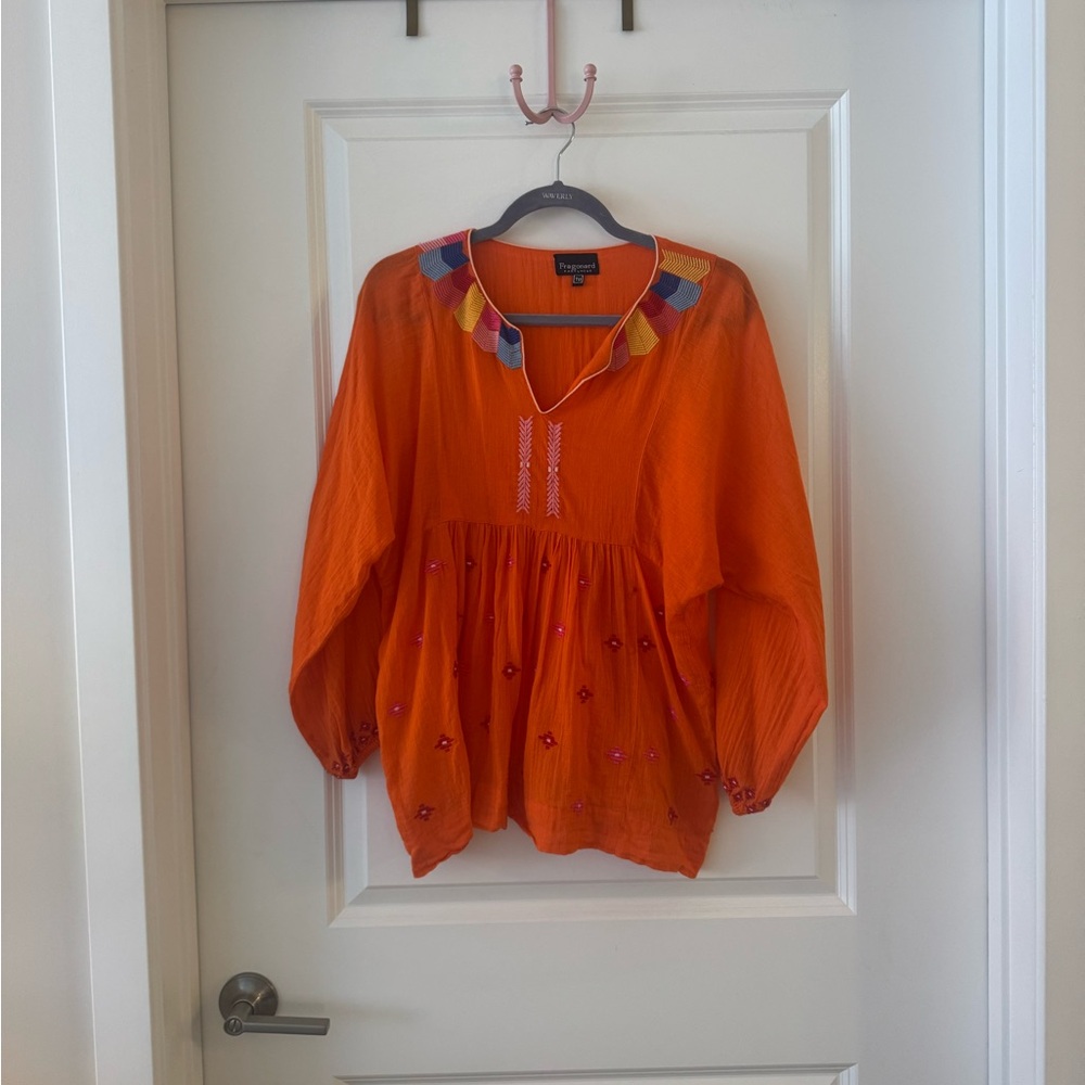 Fragonard Perfumer TU Orange Embroidered Peasant Blouse